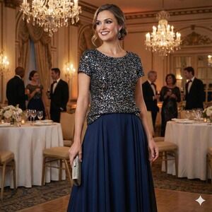 Adrianna Papell Women 22W Navy Blue Sequin Short Sleeve Top Formal Event Wedding